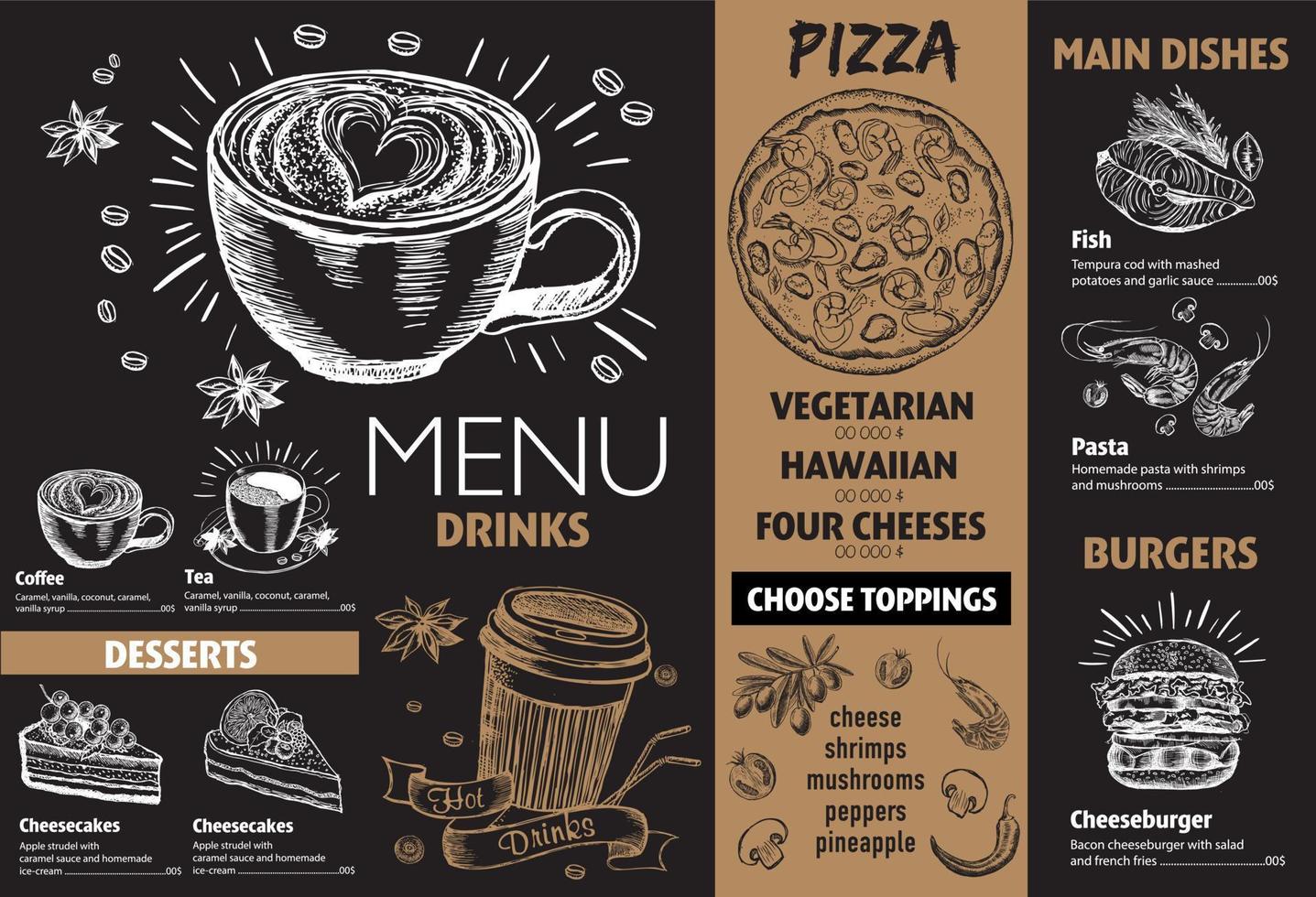 Menu restaurant brochure. Flyer with hand-drawn graphic. vector