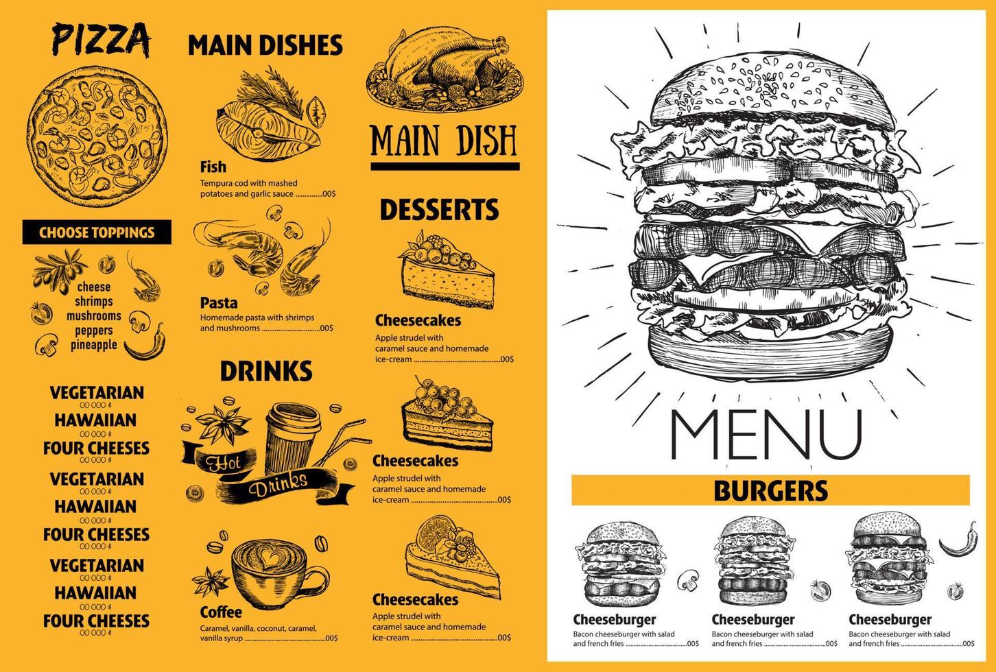 Menu restaurant brochure. Flyer with hand-drawn graphic. vector