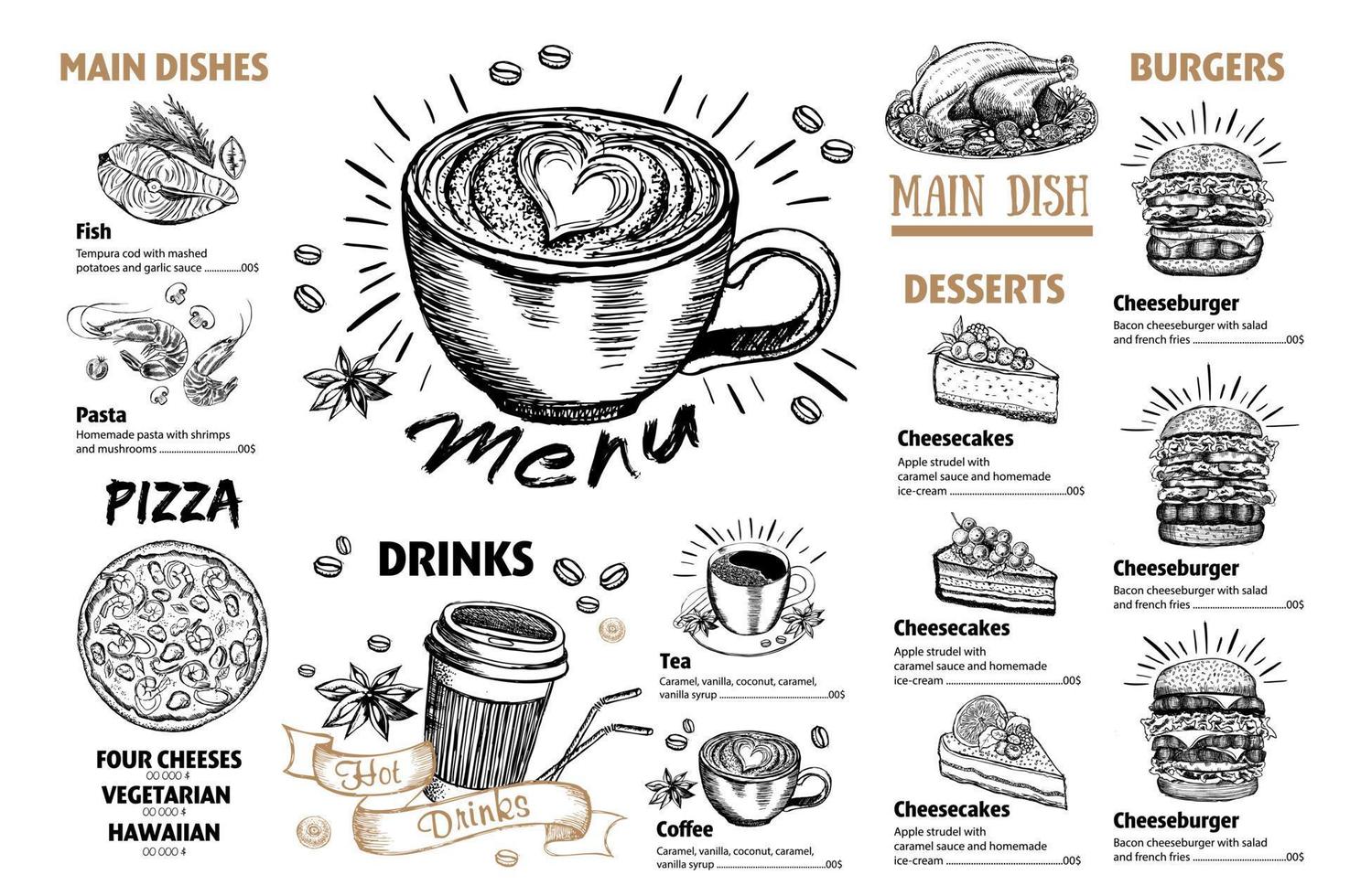 Menu restaurant brochure. Flyer with hand-drawn graphic. vector
