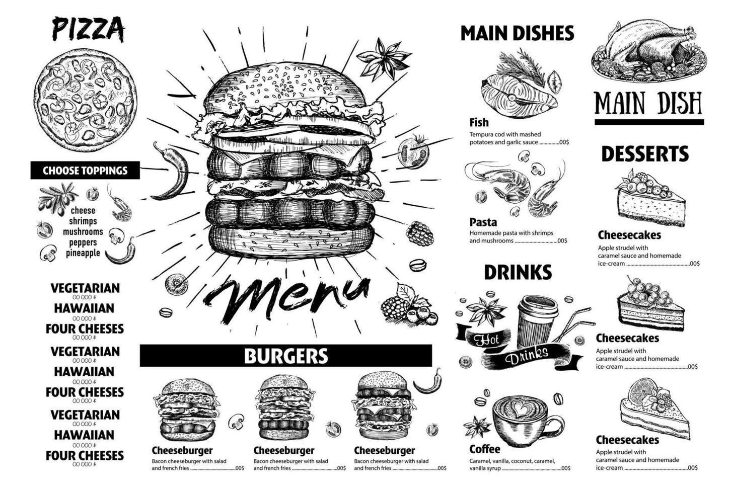 Menu restaurant brochure. Flyer with hand-drawn graphic. vector