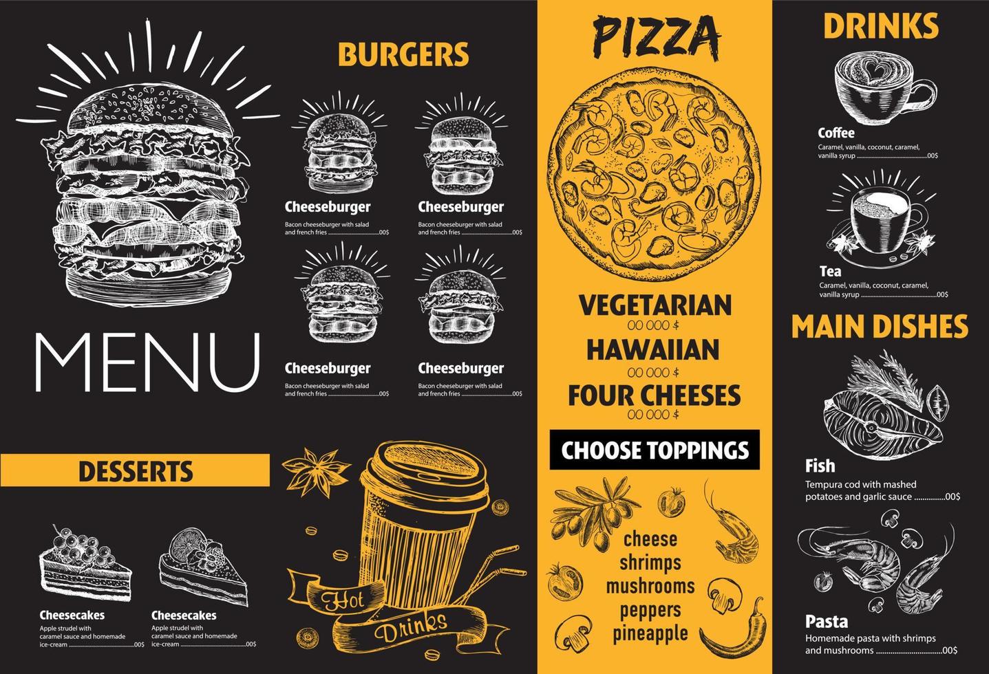 Menu restaurant brochure. Flyer with hand-drawn graphic. vector