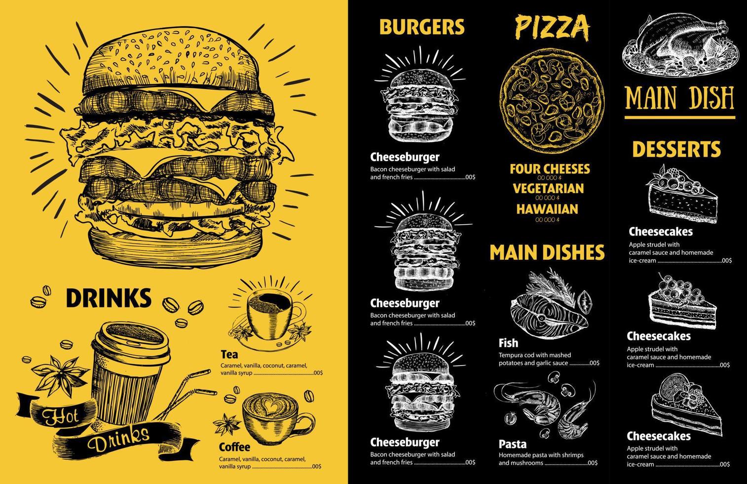 Menu restaurant brochure. Flyer with hand-drawn graphic. vector