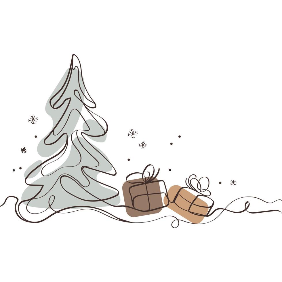 Continuous line christmas tree with gifts Minimal art drawing.Xmas and New Year design for 