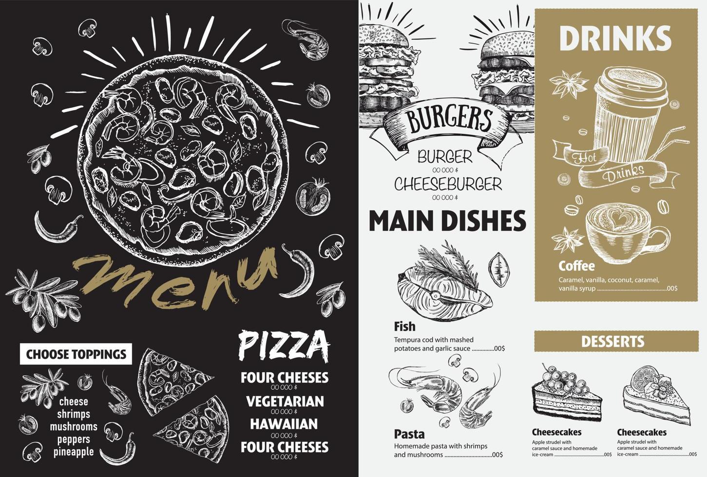 Menu restaurant brochure. Flyer with hand-drawn graphic. vector