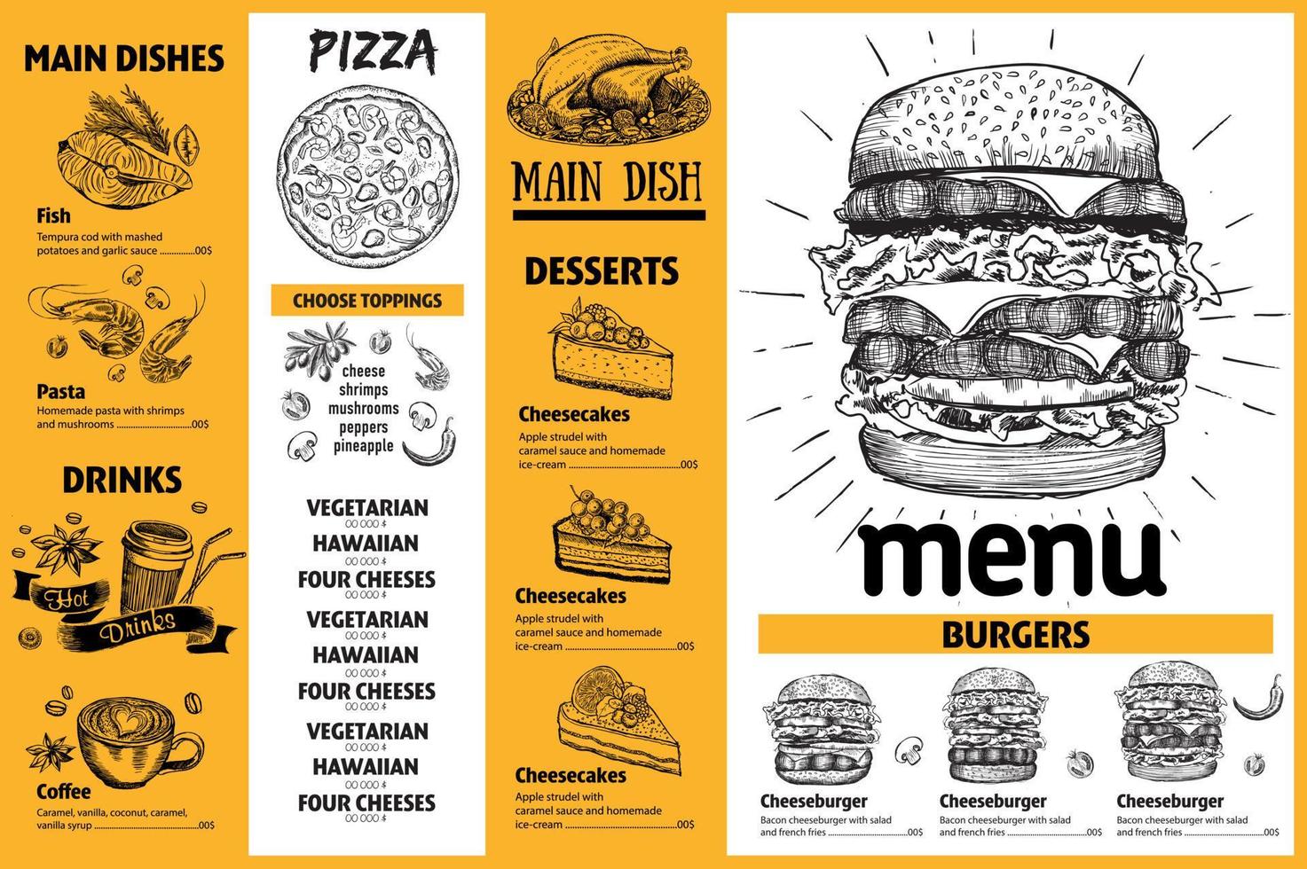 Menu restaurant brochure. Flyer with hand-drawn graphic. vector