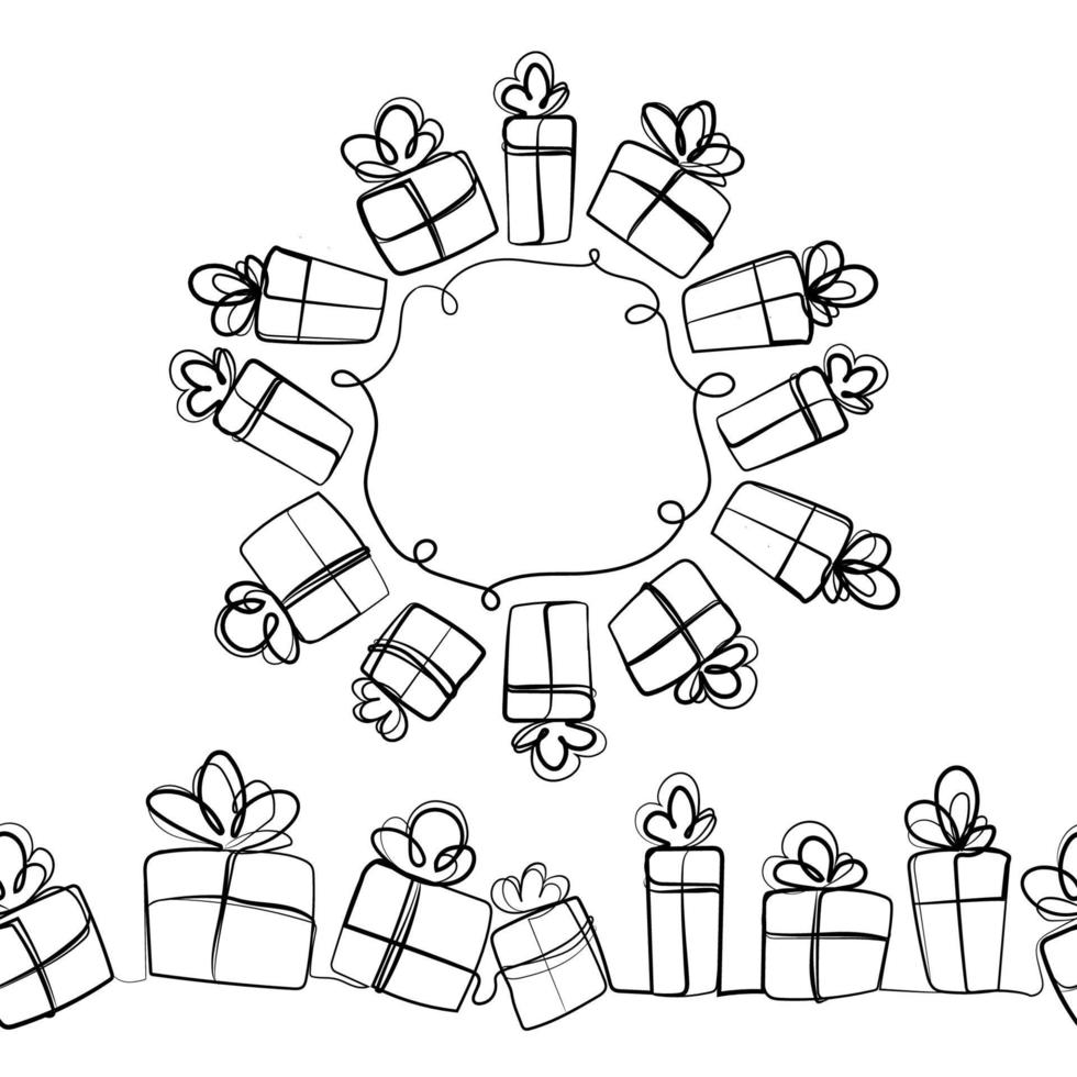 elementos de diseño de cajas de regalo para decoración navideña.marco redondo con regalos y patrón de borde sin costuras dibujo de línea continua gráfico vectorial.embalaje festivo.presente.esbozo en blanco y negro vector