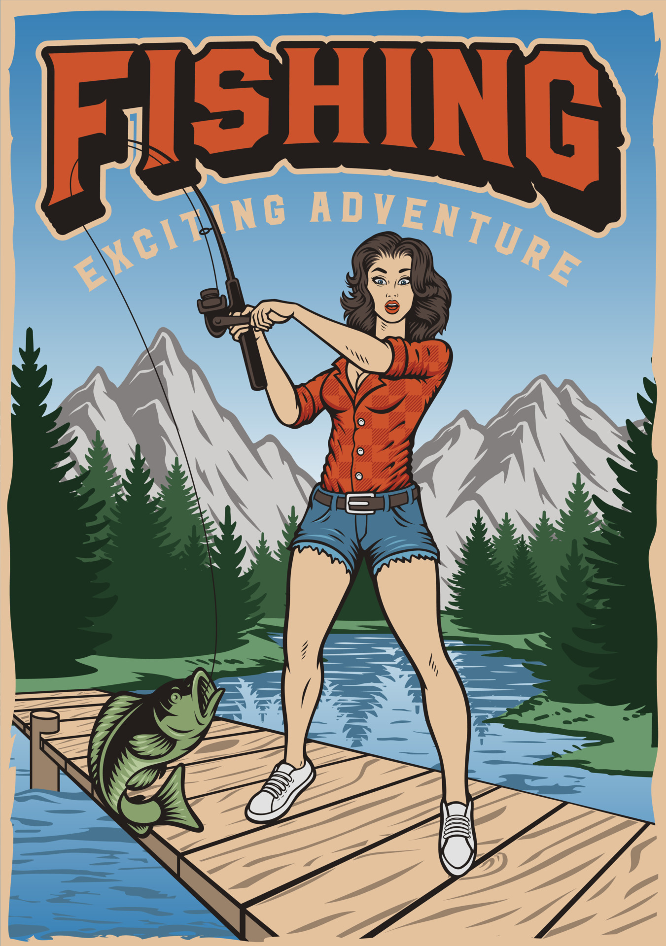 Pin up Girl fishing poster in vintage style 19187811 Vector Art at