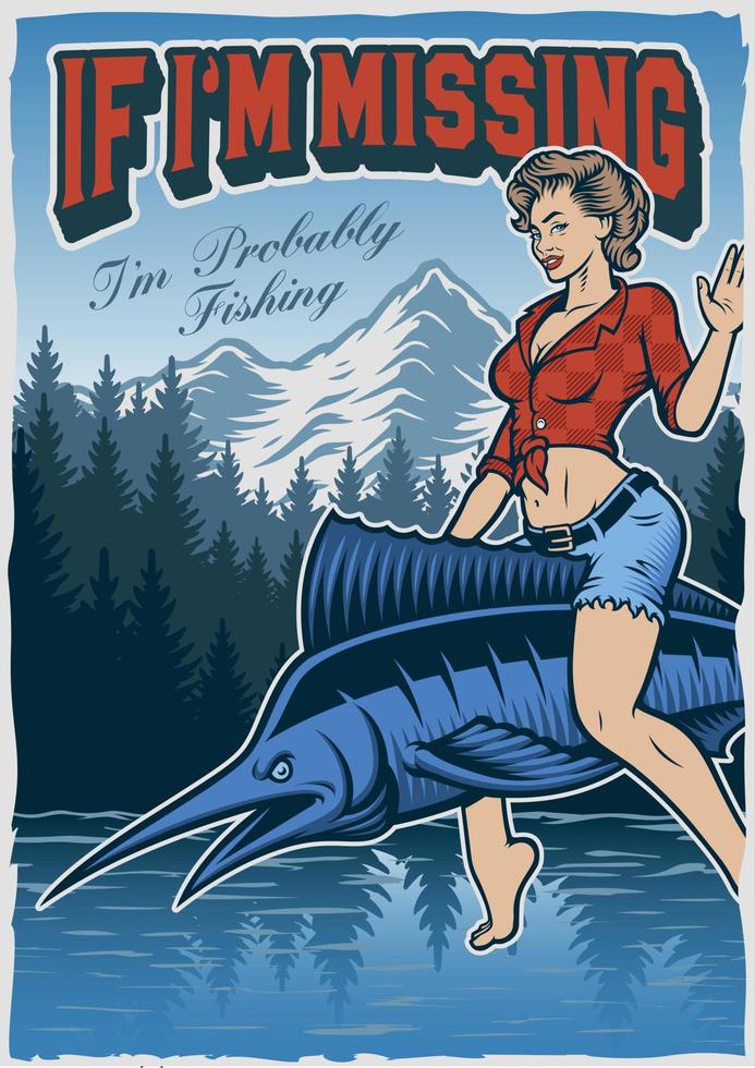 cartel de pesca vintage con una pin up girl en el pez vector