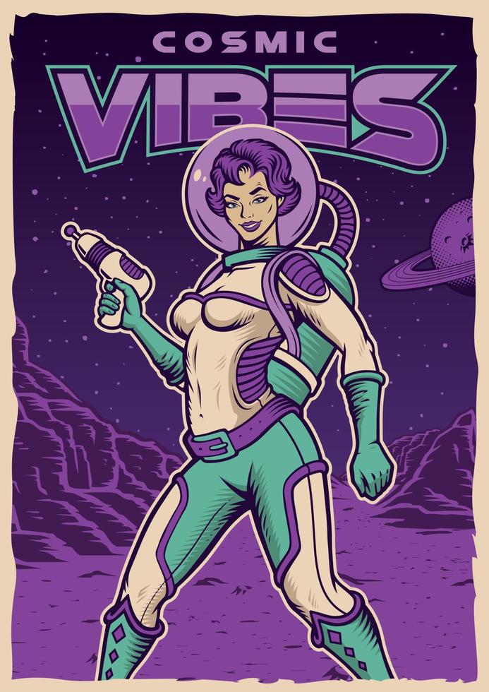 cartel vintage con pin up chica astronauta con arma espacial vector