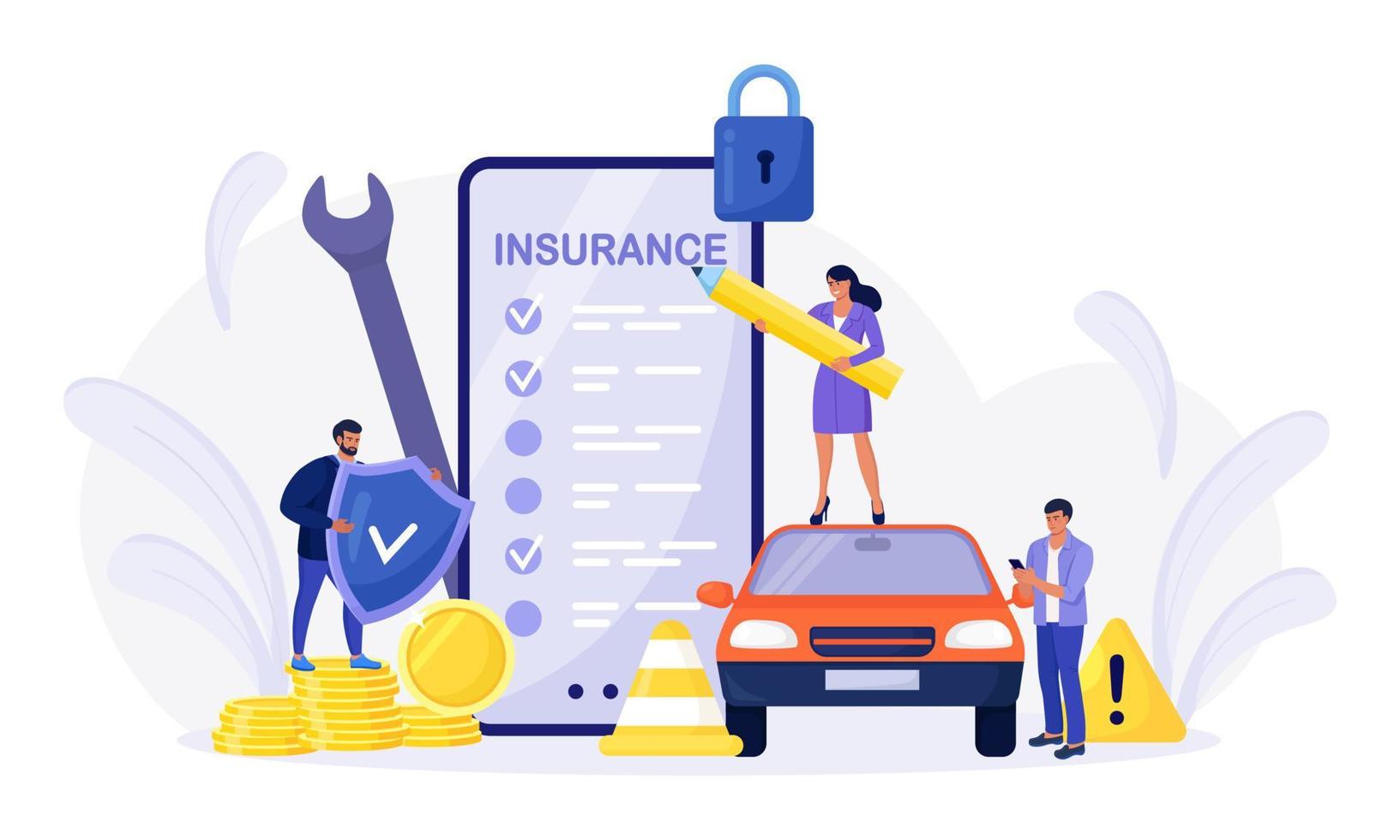 Car insurance policy form on phone screen. Insurance agent or salesman providing security document. People buying auto, leasing Protection, warranty of vehicle from accident, damage or collision vector