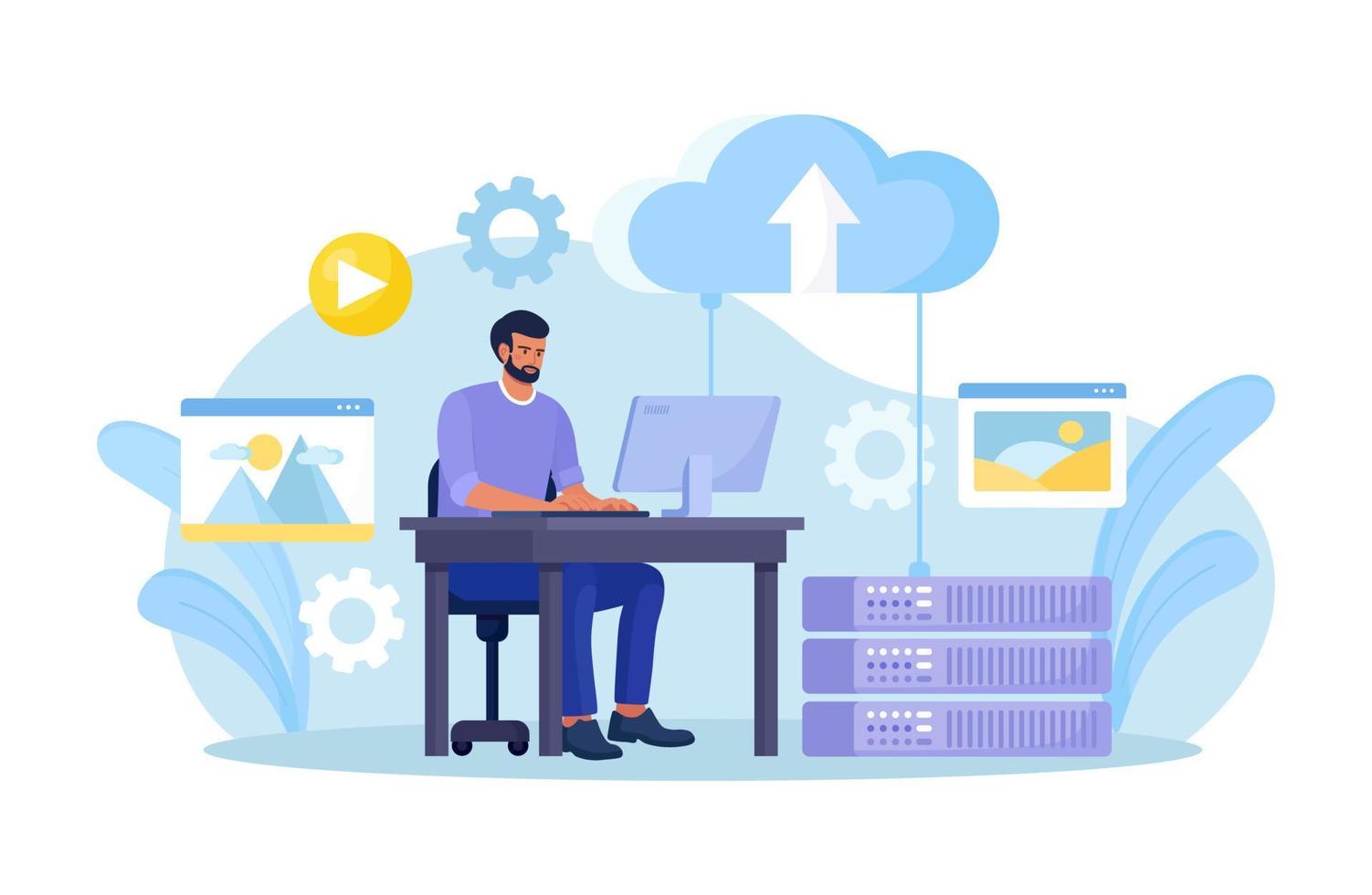 Cloud computing, online database, web hosting. People storing data and processing data on web server. Man using computer upload and download information on cloud storage vector