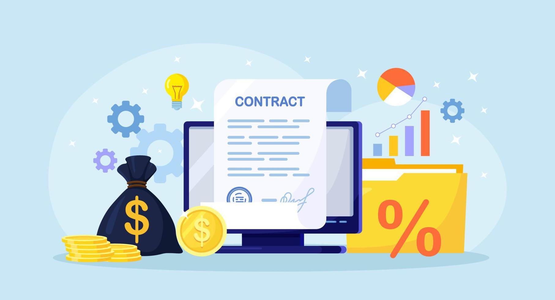 Electronic document signature, contract page on computer screen. Signing of formal agreement, stack of coin, money, graph, folder with documents on background. Online conclusion of the transaction vector