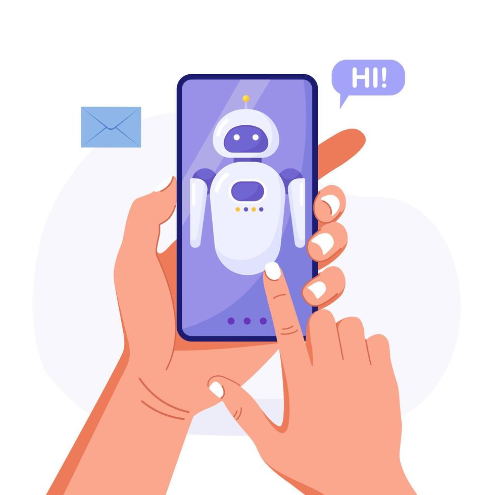 Chatbot artificial intelligence. Human hand holds phone with chat bot  application and customer service app. AI robot virtual assistant, online customer support. FAQ concept vector