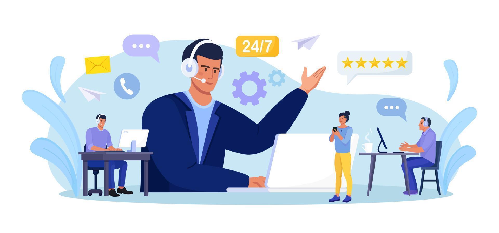 Customer support. Contact us. Man with headphones and microphone with laptop talking with clients. Personal assistant service, hotline operator advises customer, online global technical support vector