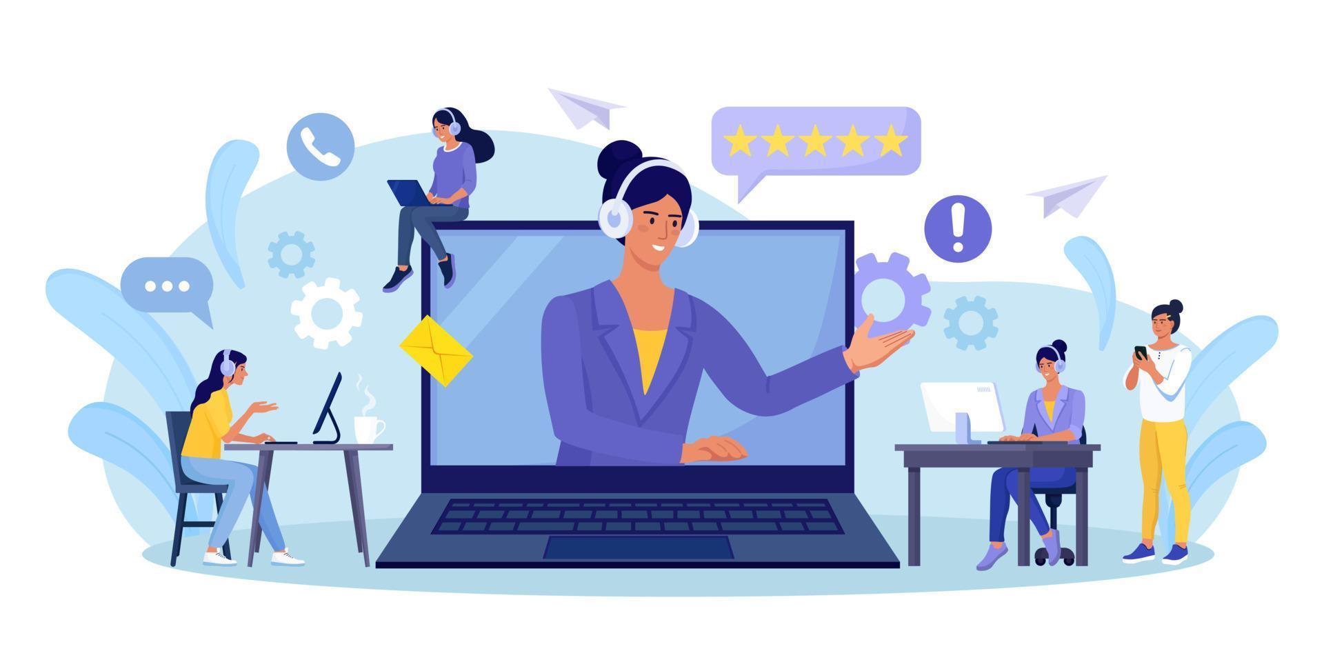 Customer support. Contact us. Woman with headphones and microphone talking with clients on laptop screen. Personal assistant service, hotline operator advises customer, online global technical support vector