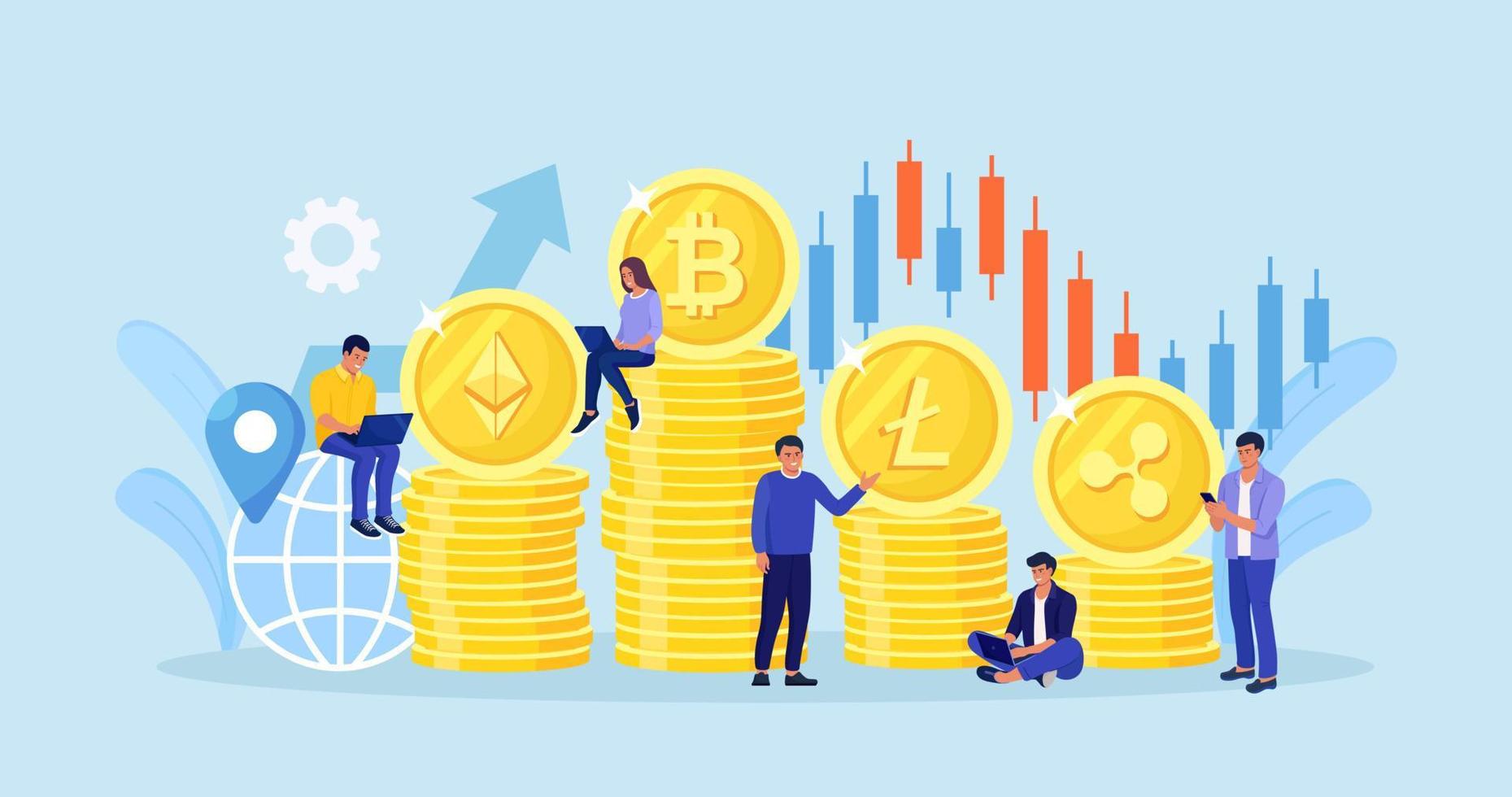 Crypto investor trading and investing. Digital web money based on blockchain technology. Rating of cryptocurrency, currency chart of bitcoin, altcoin, ethereum, litecoin. Stock cryptocurrencies vector