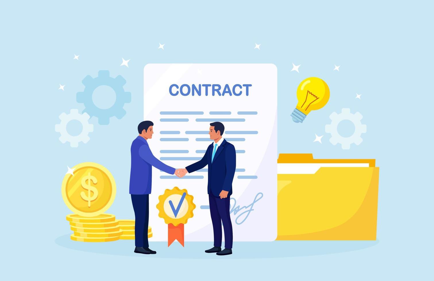 Handshake of Two Businessmen. Agreement of Parties. People Shaking Hands firmly after Signing Documents. Successful Partnership, Cooperation, Investment vector