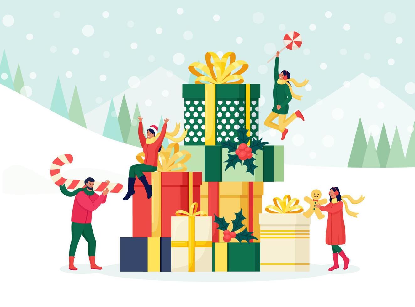 People dressed in winter clothes shopping for Christmas holiday. Christmas sale concept. Women and men pack, prepare and give gifts boxes. Anticipation of celebration Xmas, New Year vector