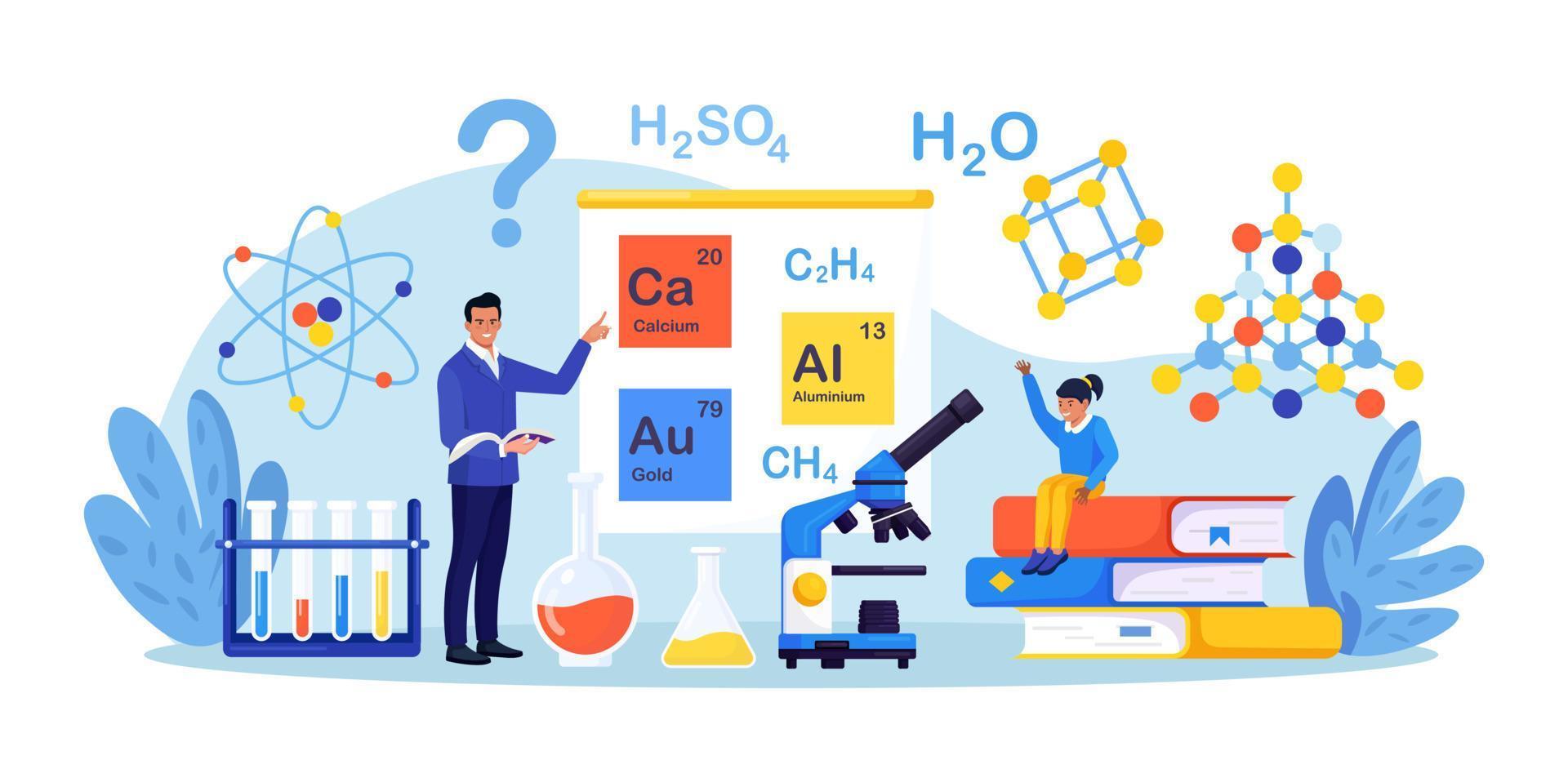 Chemistry school lesson. Pupil learning chemical formula, elements. Scientific experiment in laboratory with chemistry flasks, reagents. Lab scientific researches. Elementary schools education vector