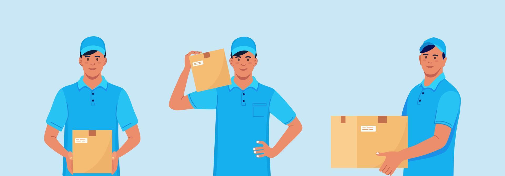 Set of Delivery men with carton box in hands. Courier in cap with parcel vector