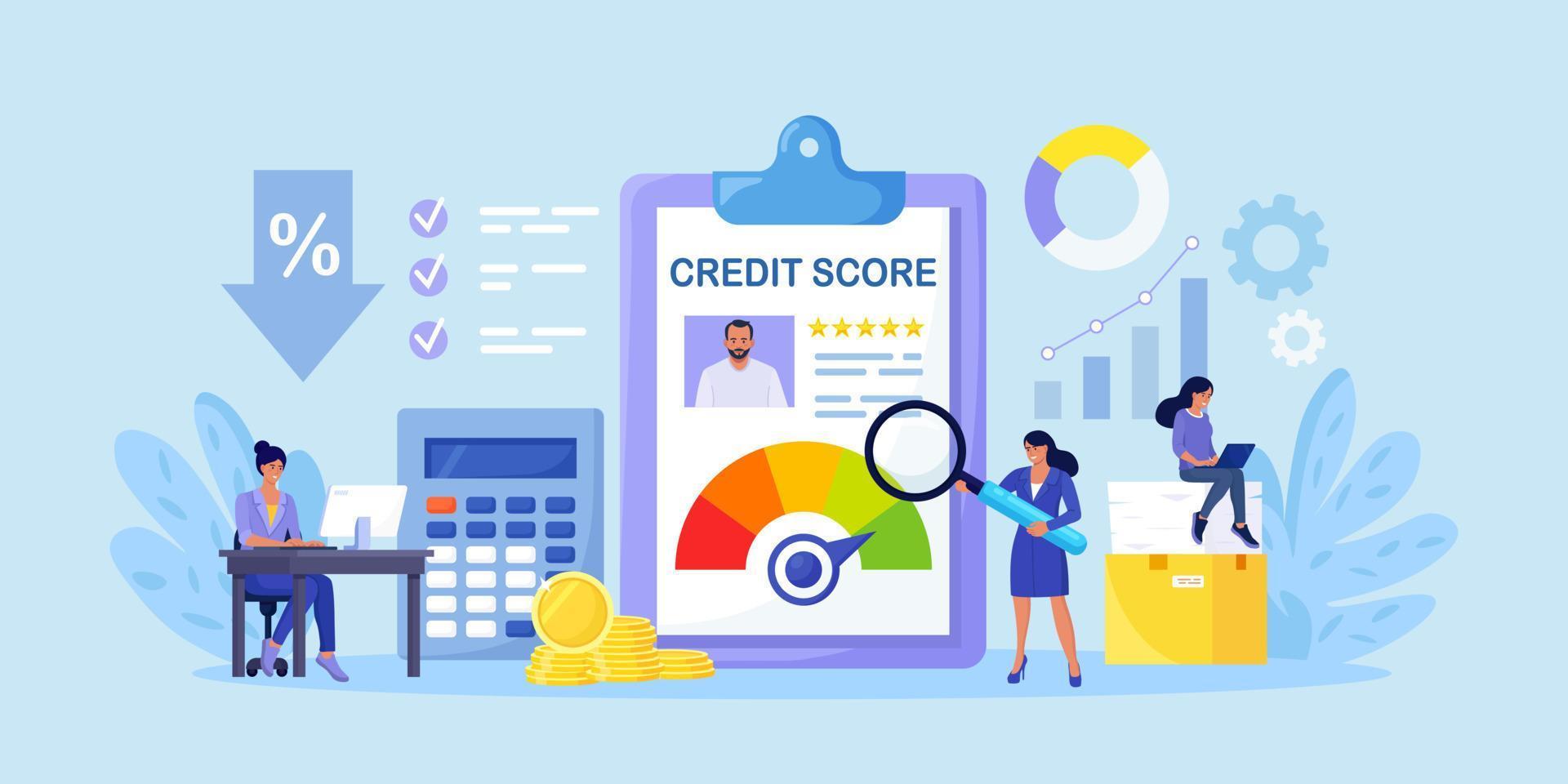 Credit score, rating. Women examining client creditworthiness report with credit history . Bank analysts evaluating ability of prospective debtor to pay debt. Payment history data meter. Loan, mortage vector