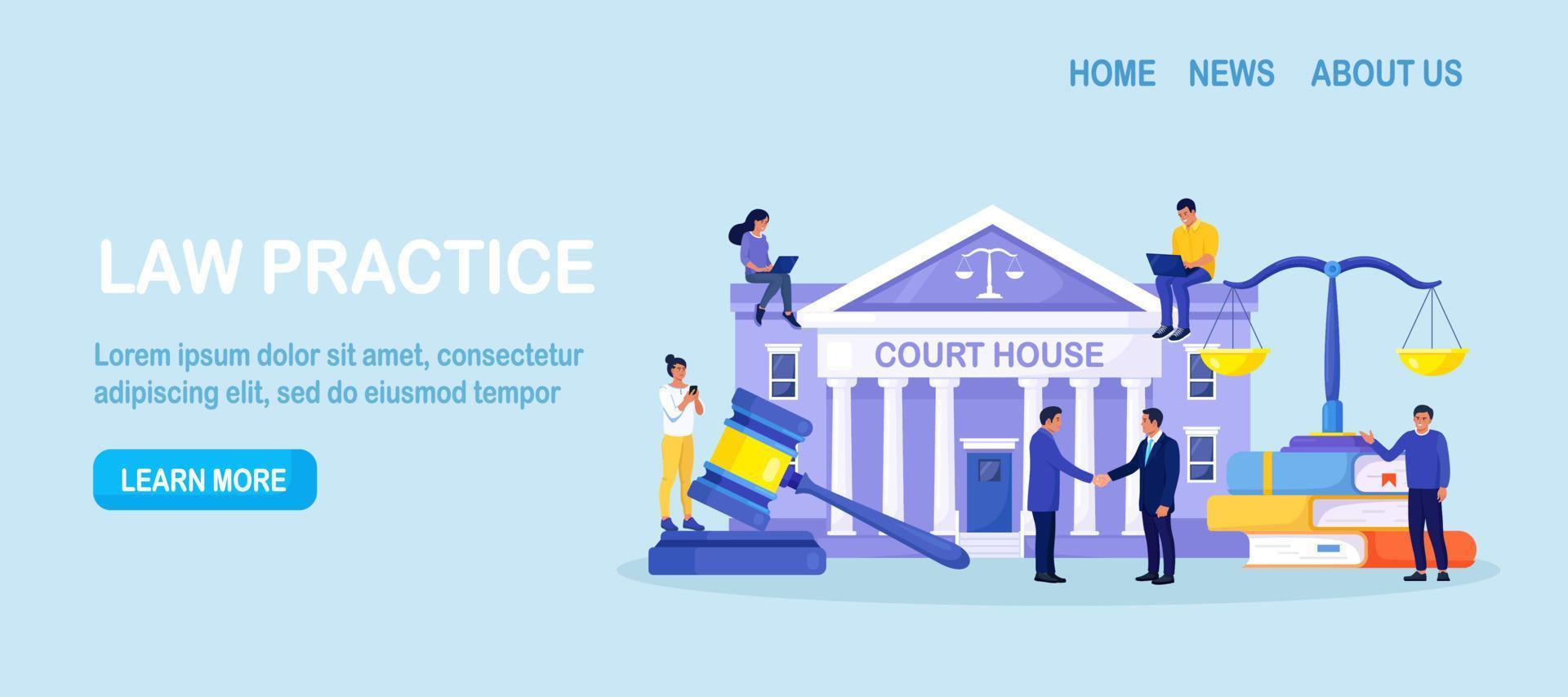 Law and justice concept. Justice scales, supreme court building and judge gavel. Crime courthouse advocate, lawyer consulting to client. Legal advice online, remote vector