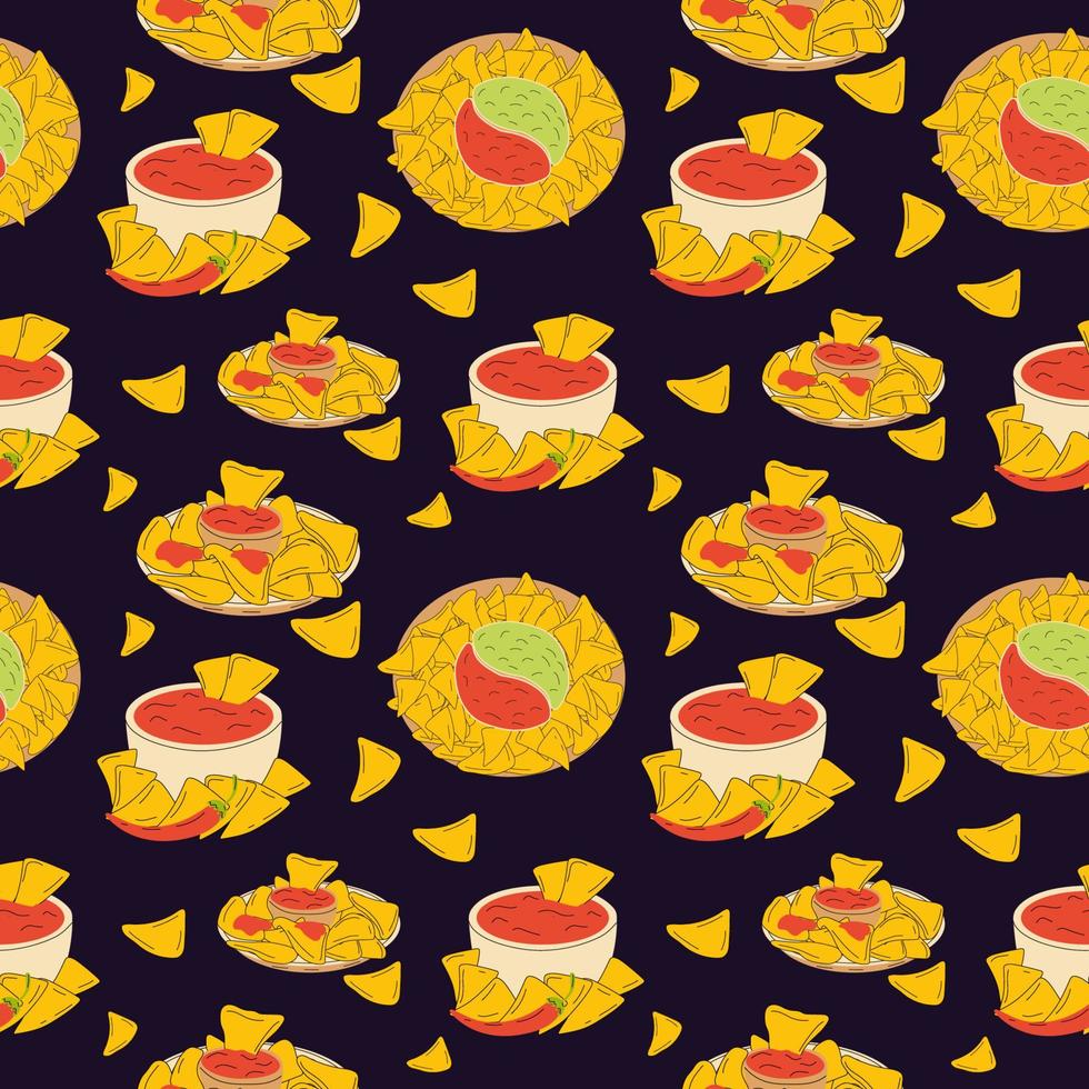 Seamless pattern with Nachos and chili pepper salsa vector