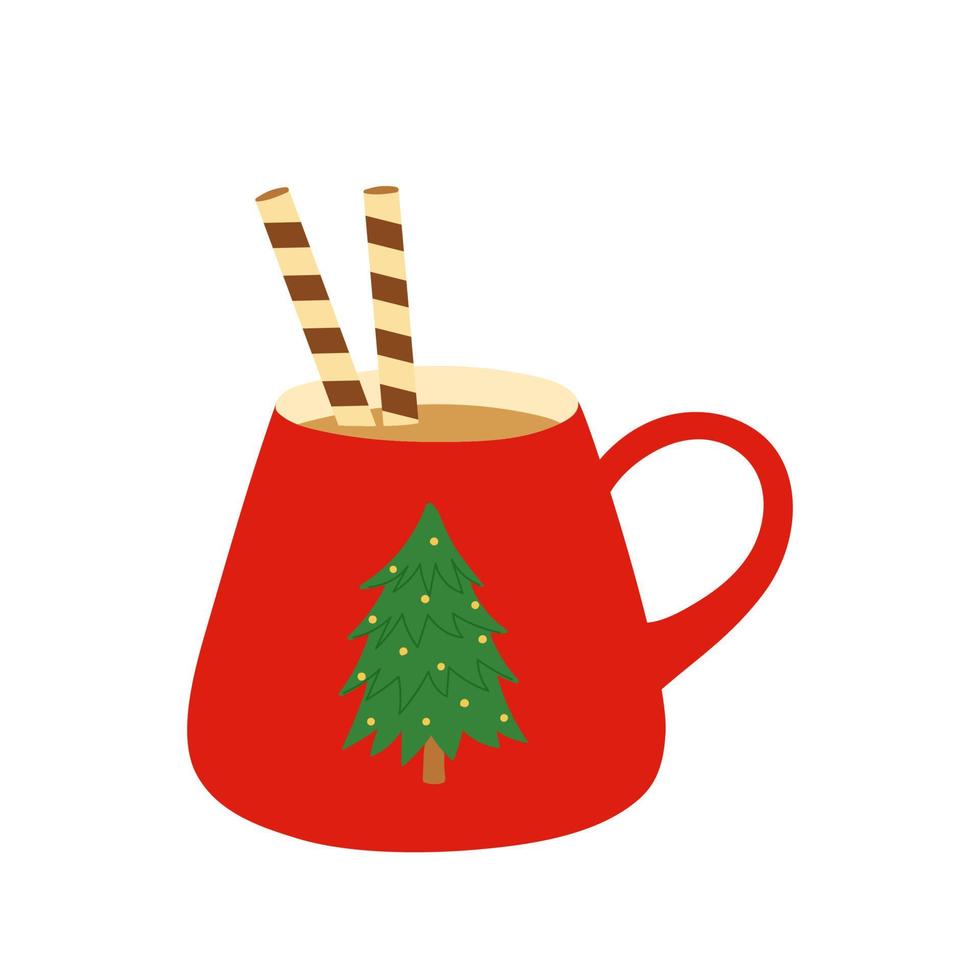 taza de chocolate caliente con gofre. taza roja con árbol de navidad. plantilla para un acogedor diseño de invierno. vector