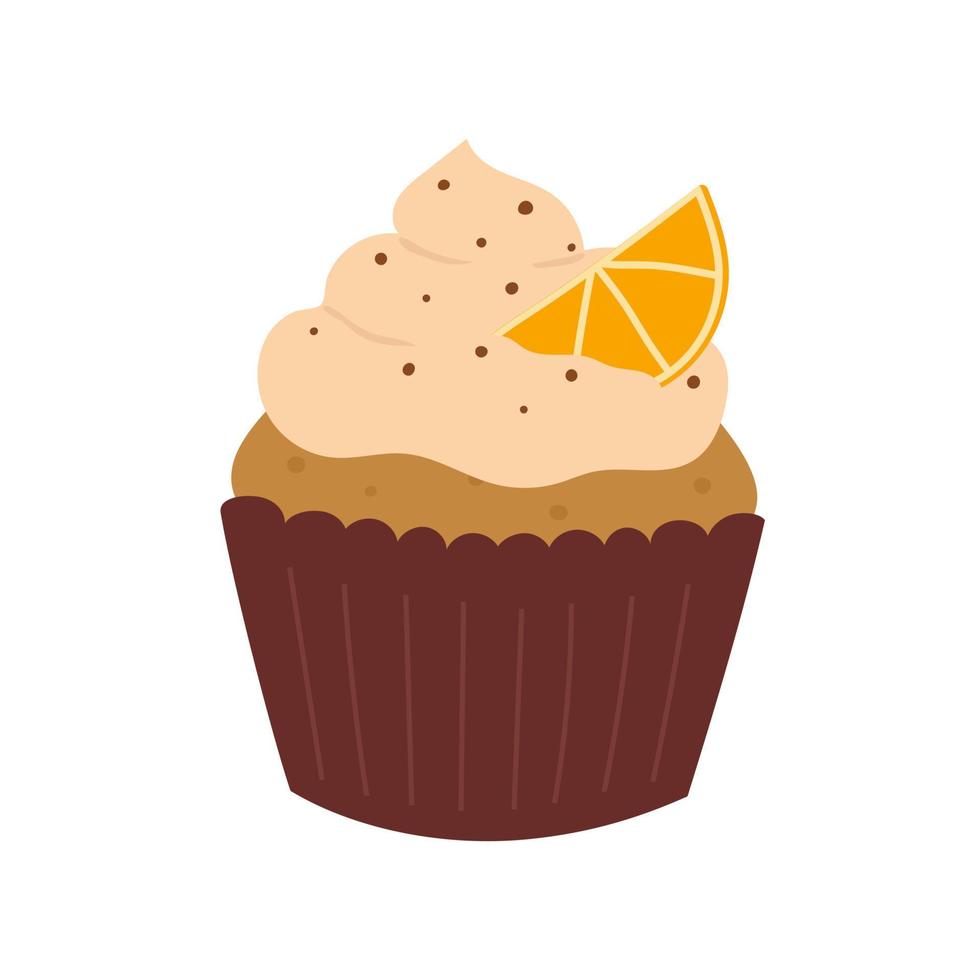 Cupcake with whipped cream and orange slice. Hand drawn muffin in cartoon flat style vector