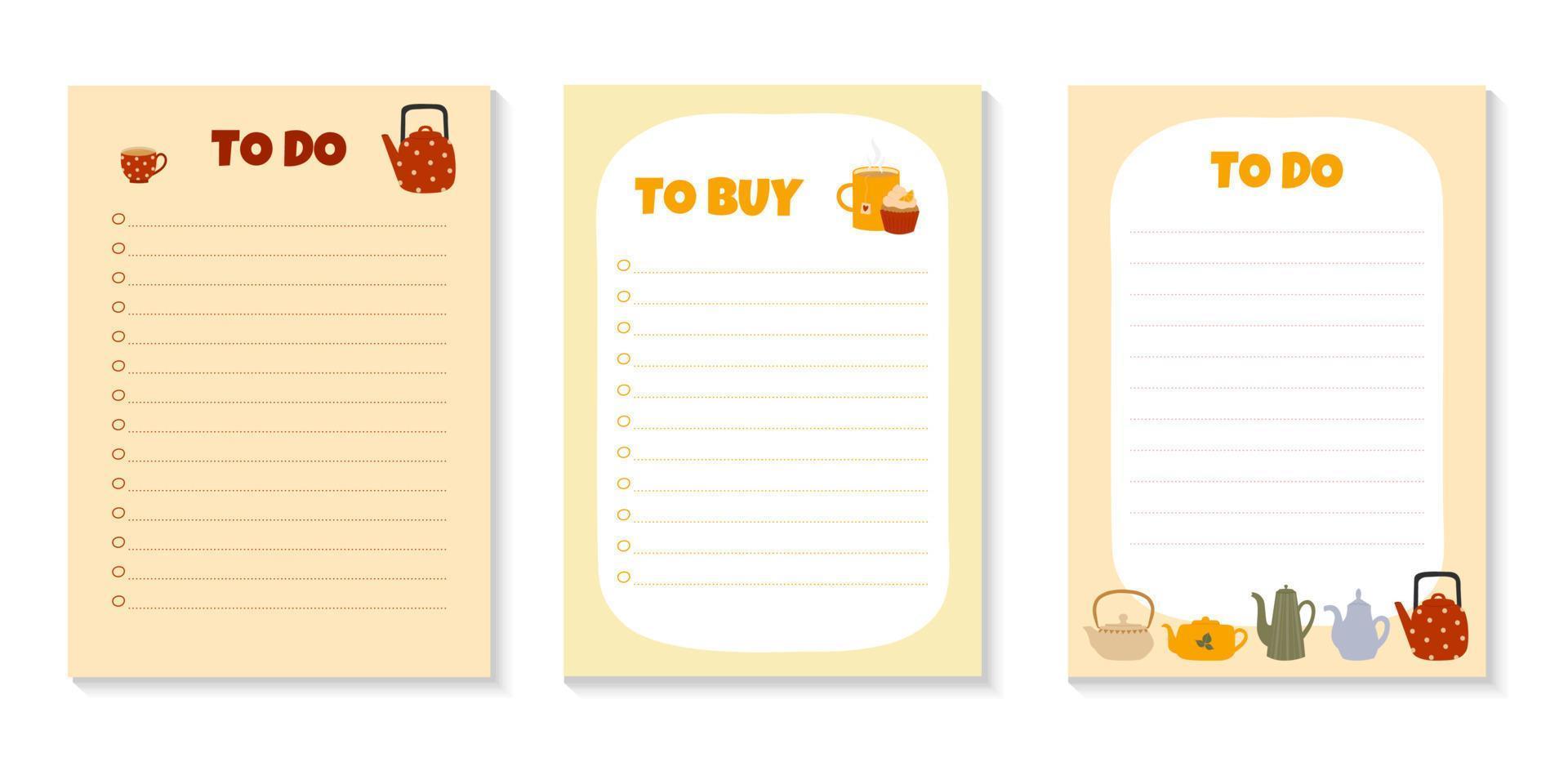 Set of templates for To Do and To Buy Lists with colorful teapots and cups. vector