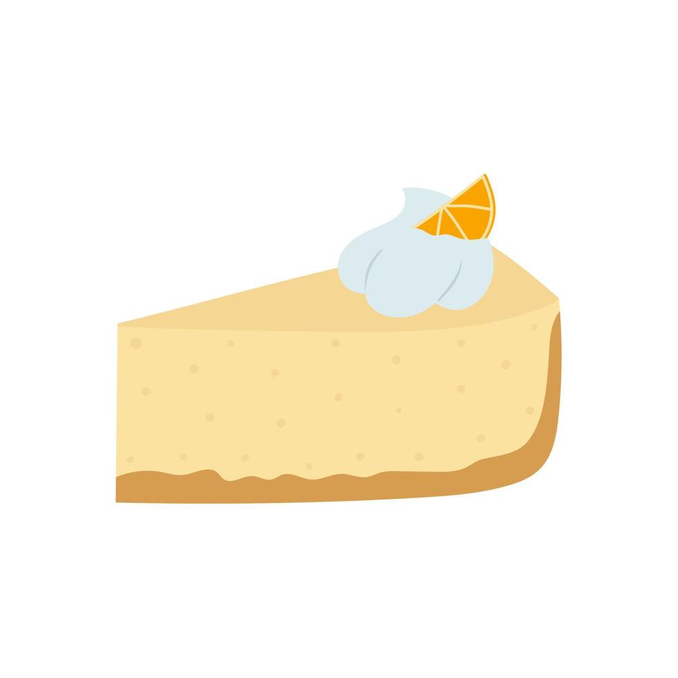 rebanada de tarta de queso con crema batida y rodaja de limón. postre de leche en estilo plano de dibujos animados. vector