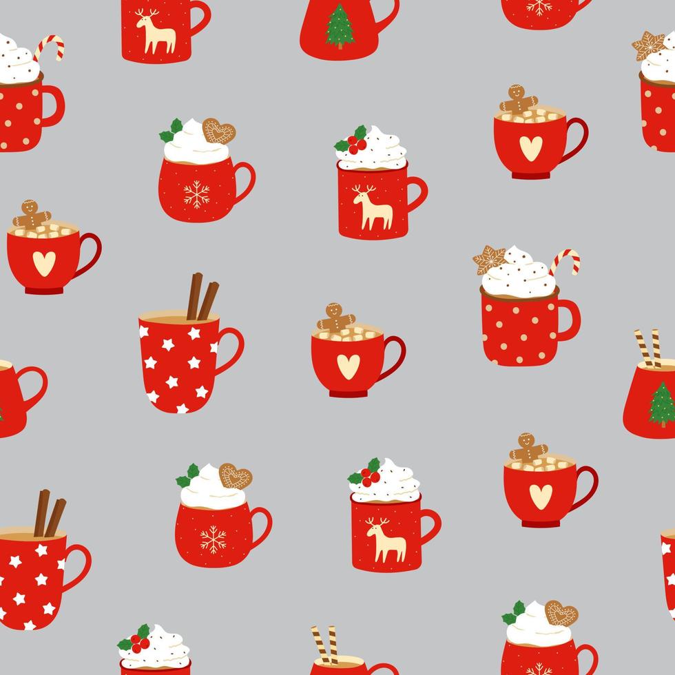 Seamless pattern with red cups, whipped cream, cinnamon sticks and gingerbread cookies. Background for cozy winter design vector