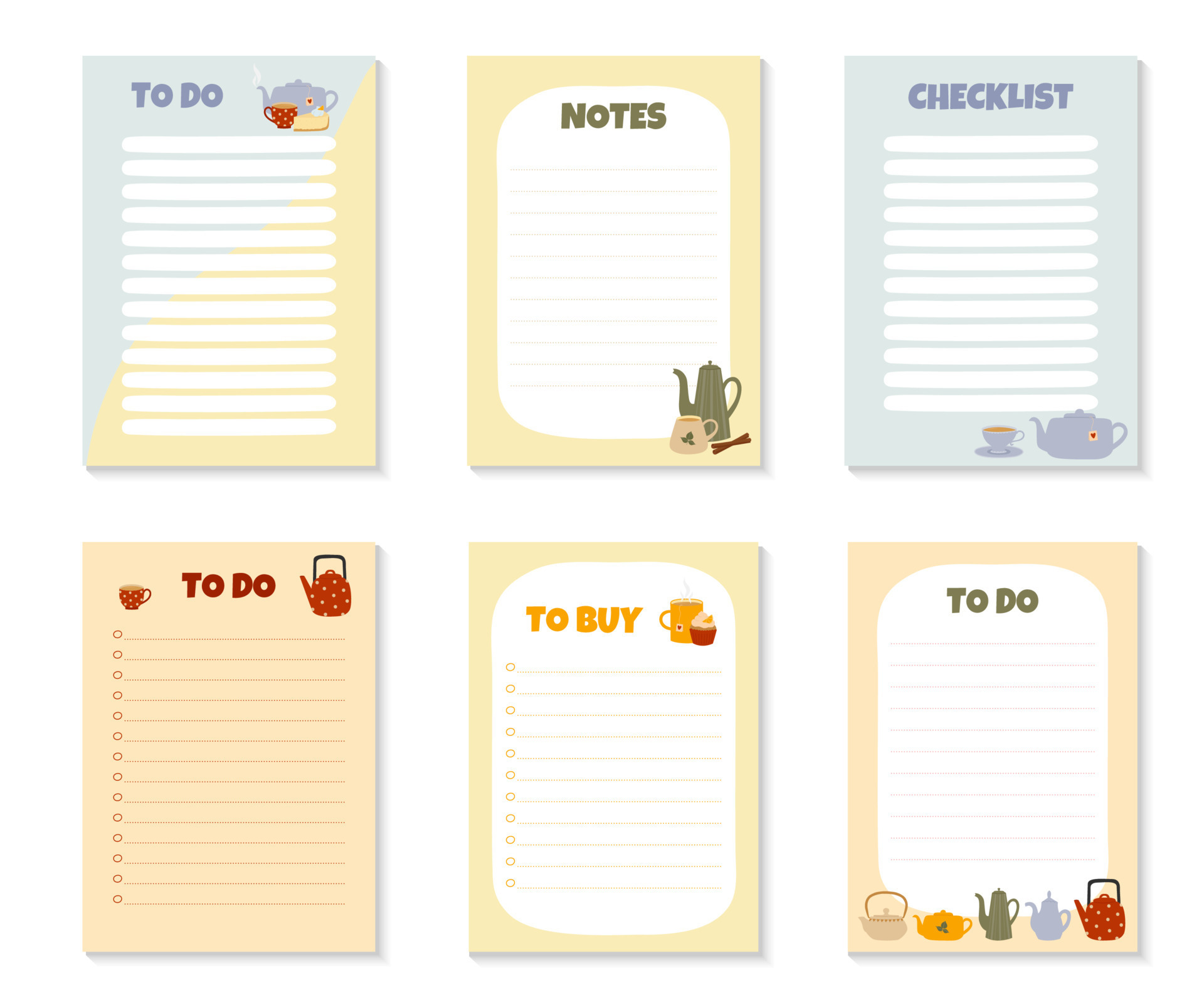 Set of templates for To Do List, To Buy List, Notes and Checklist with