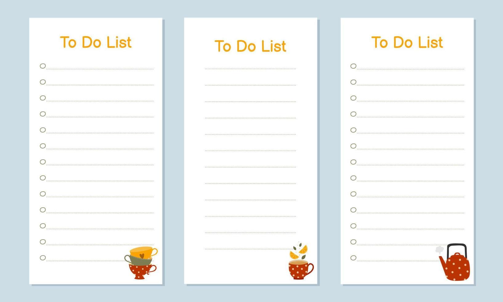 Set of templates for To Do Lists with colorful kettle and cups. vector