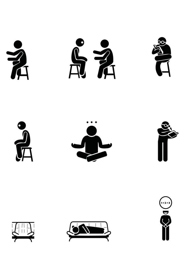 vector illustration of a collection of icons for various activities such as people reading, writing in books, meditating, lying on the couch and several other activities.