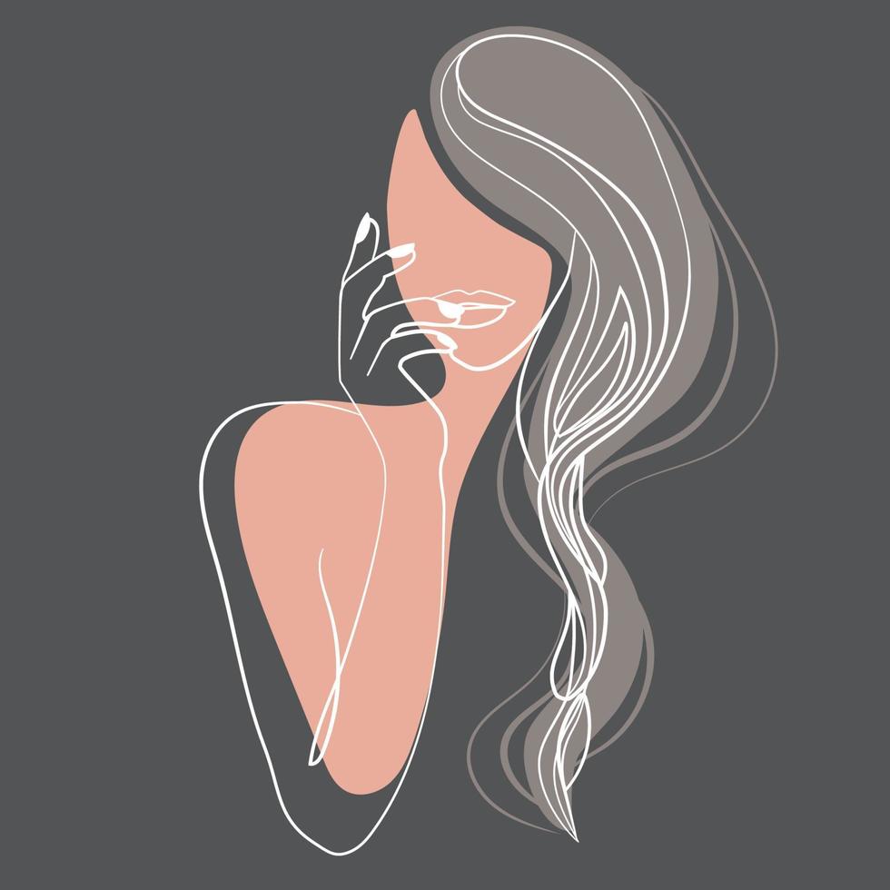 silueta minimalista de la cara de la mujer con el pelo largo y la mano cerca de los labios dibujo de línea continua sobre el vector de fondo gris.retrato femenino abstracto de moda.cartel de belleza y moda,diseño de emblema