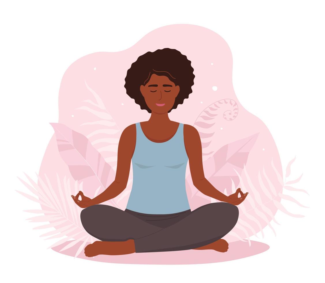 An African American woman is sitting in a lotus position, legs crossed in a pose, performing yoga asanas. Vector graphics.