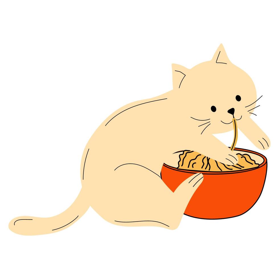 Cute cat eating noodles and uses chopsticks. Ramen. Asian food. vector