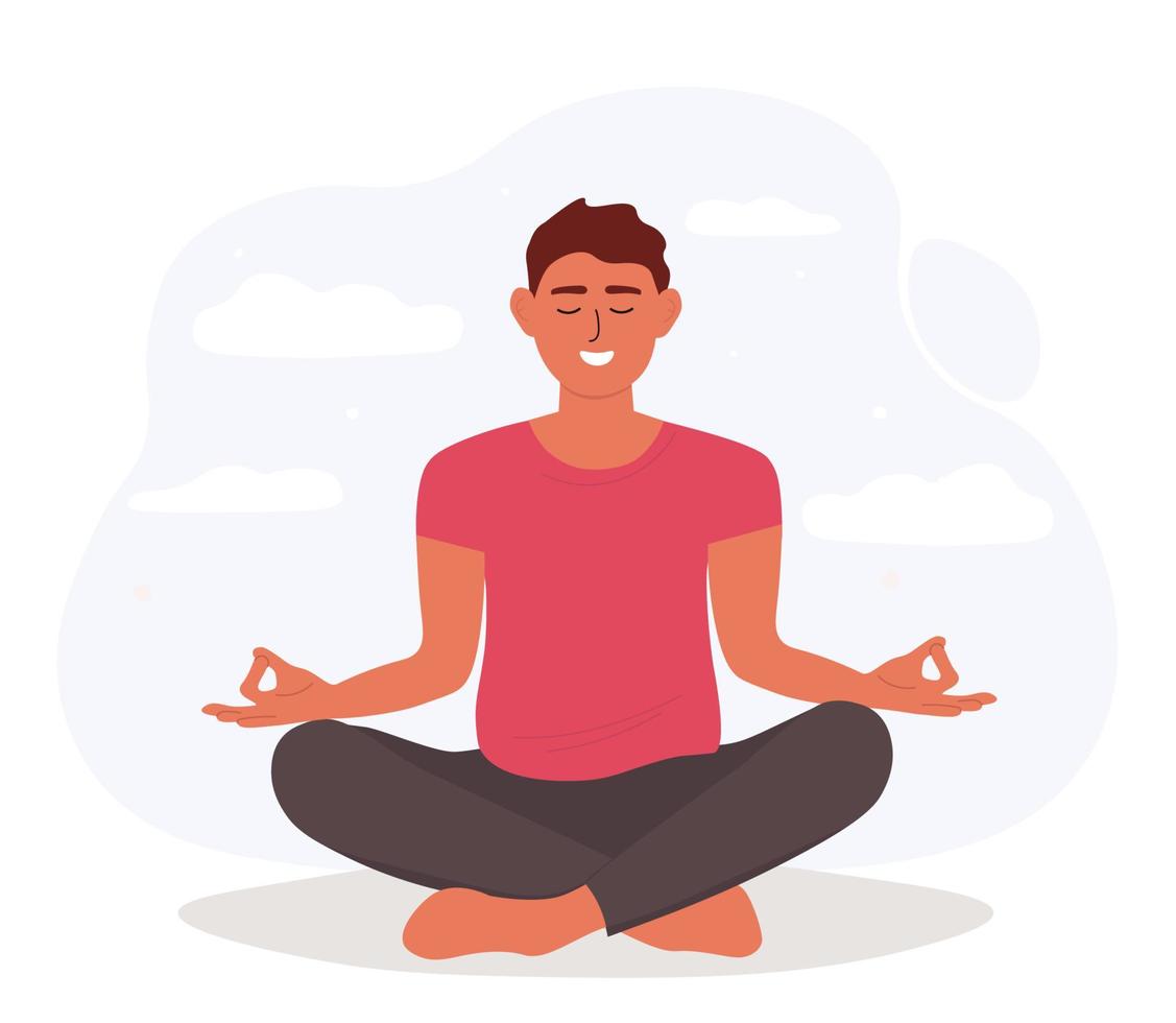 A man does yoga. The guy is sitting in the lotus position, meditating, doing asana. Vector graphics.