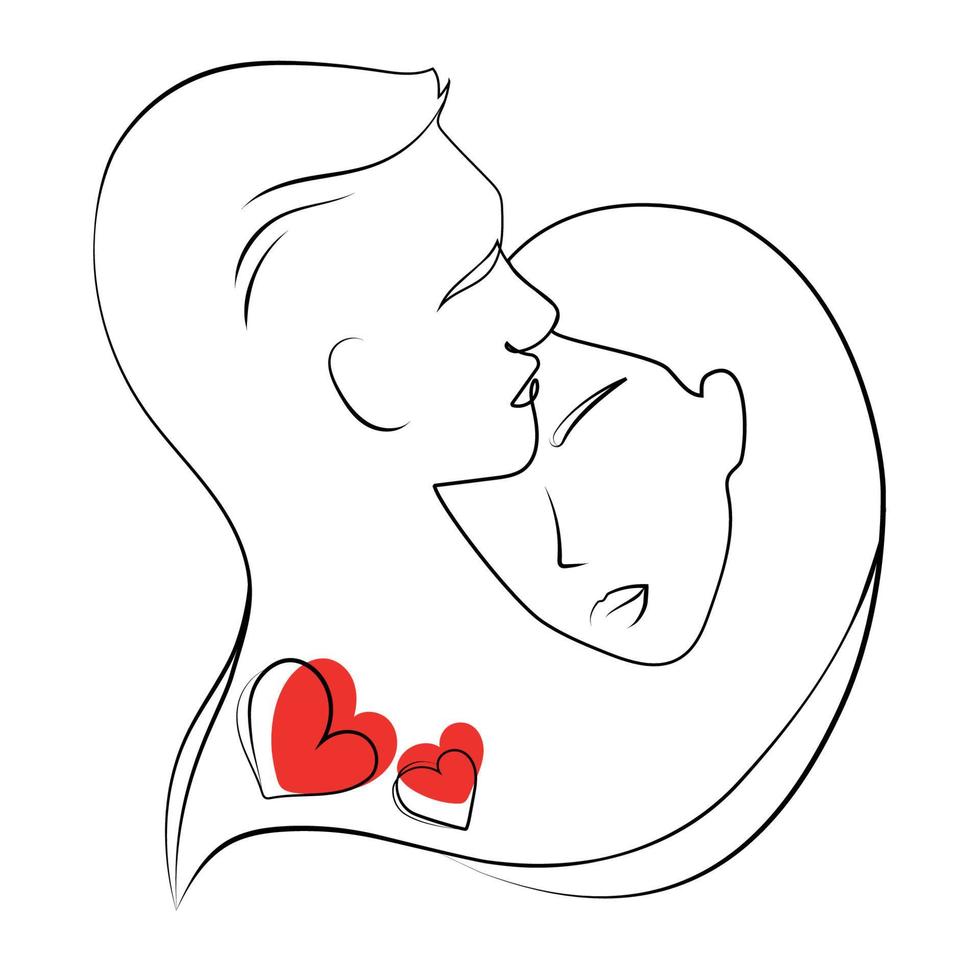 One Line Art Couple.Line Art Men and woman with hearts,Minimal Face vector illustration.Couple in love print.Valentines Day concept