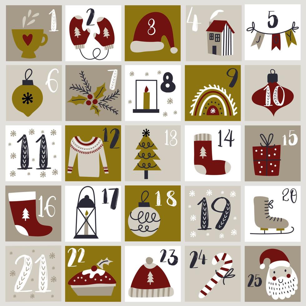 Christmas Advent calendar with hand drawn elements. Xmas Poster. Vector