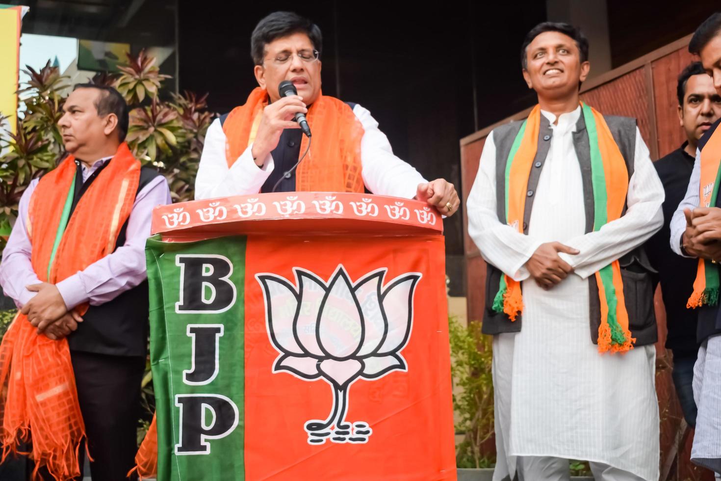 New Delhi, India - November 27 2022 - Piyush Goyal Cabinet Minister and core member of Bharatiya Janata Party - BJP during a rally in support of BJP candidate ahead of MCD local body Elections 2022 photo