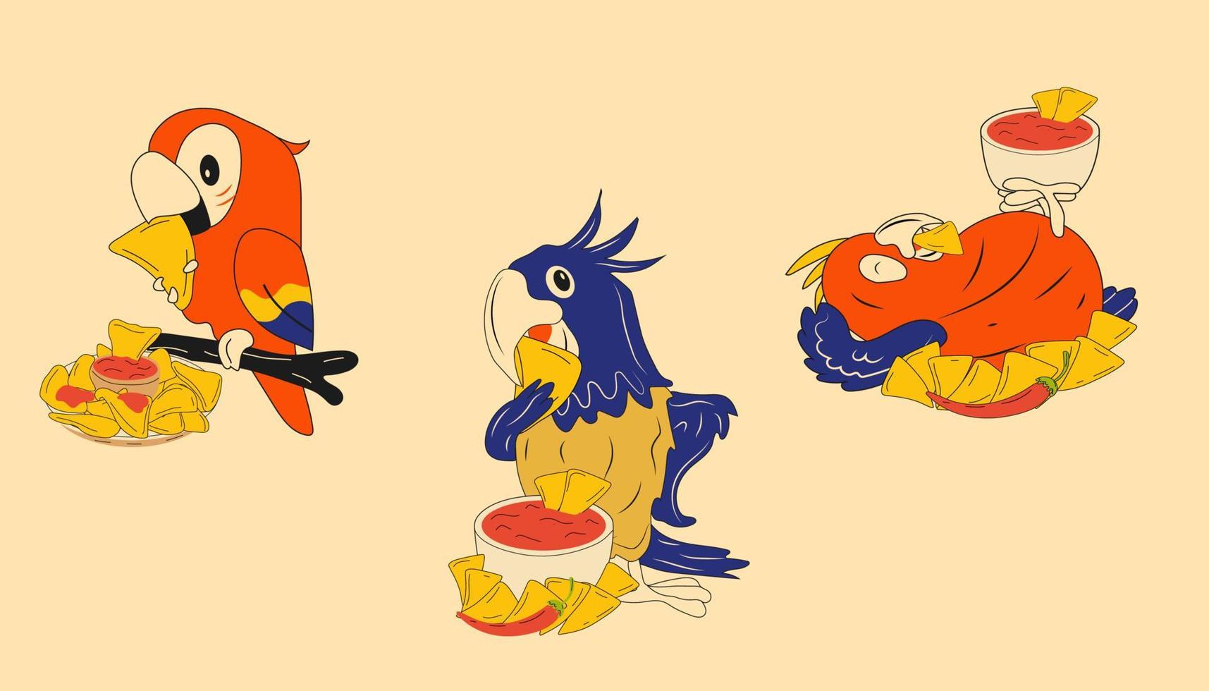 Set of  parrots mascots eat nachos. Mexican nachos chips fast food snack vector