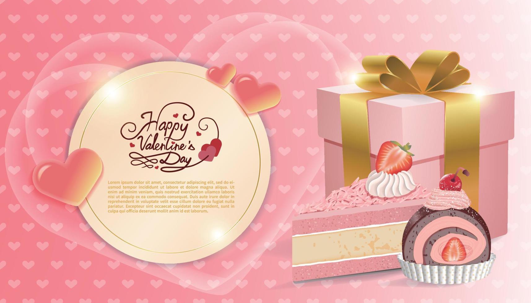 Valentine's day card background with delicious cake and gift vector