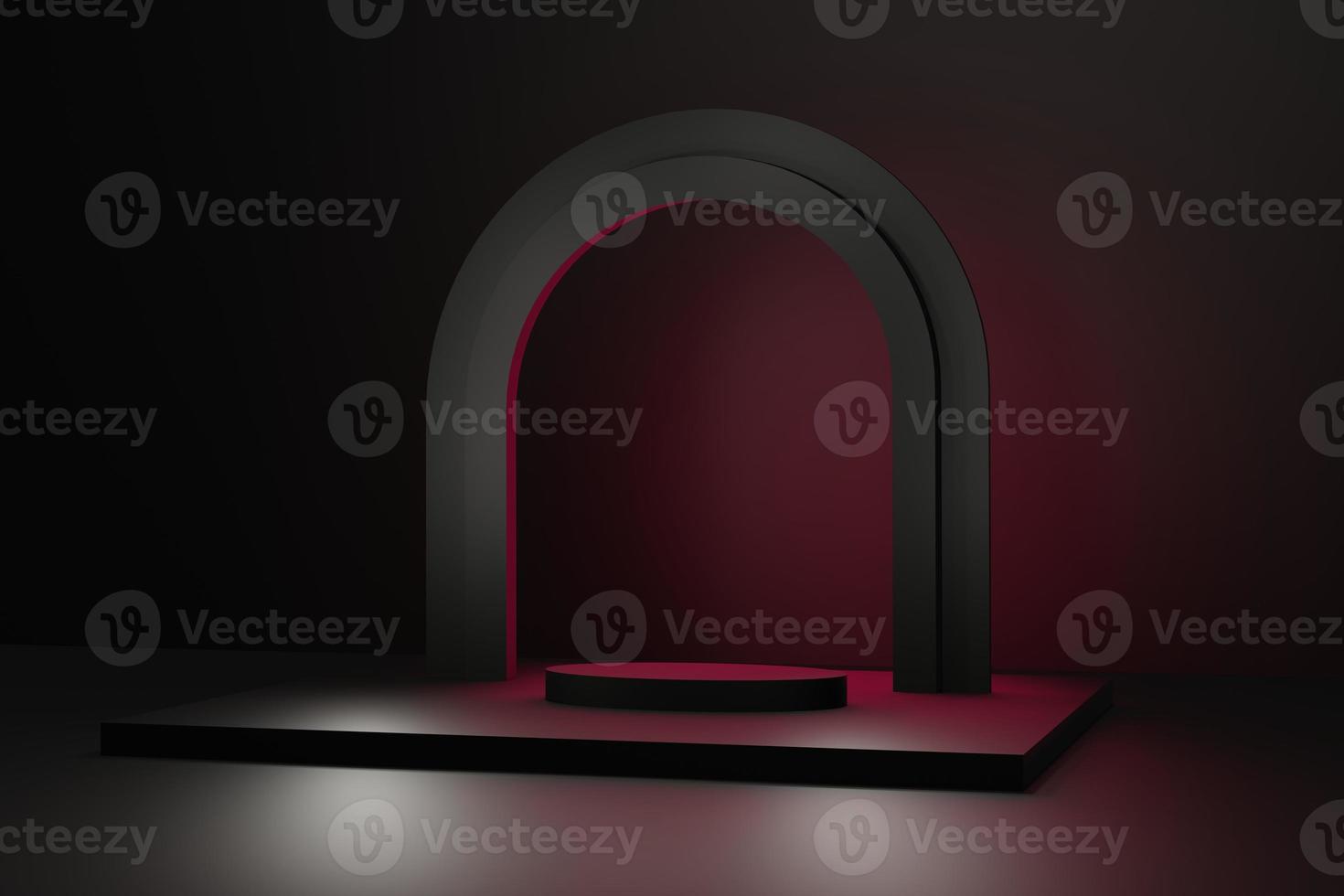 empty black red platform with arch for product promotion, romantic display stage on dark background 3d render photo