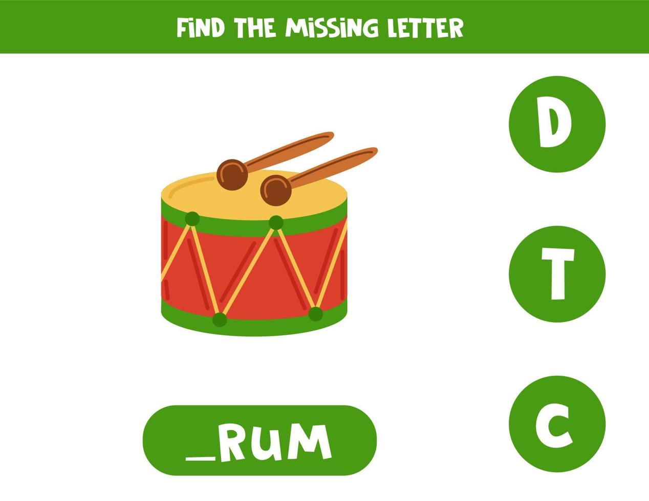 Find missing letter with cartoon drum. Spelling worksheet. vector