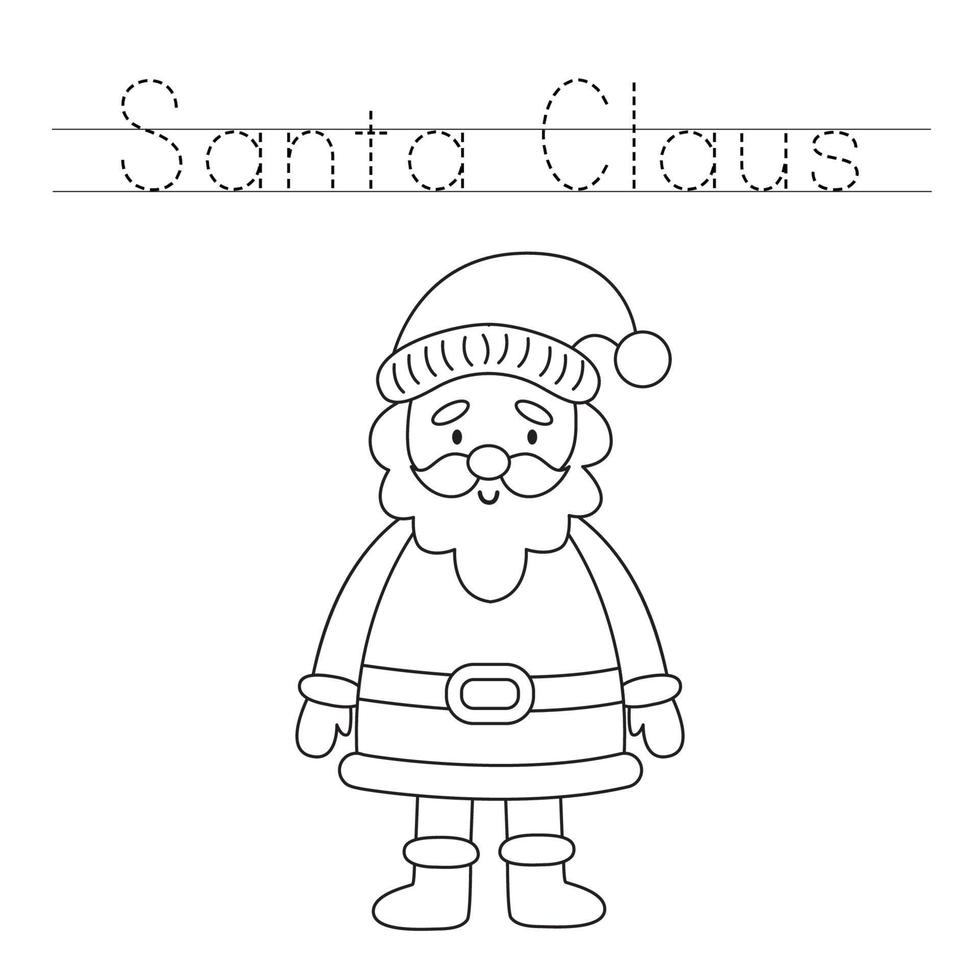 Traza las letras y colorea a Papá Noel de dibujos animados. práctica de escritura a mano para niños. vector