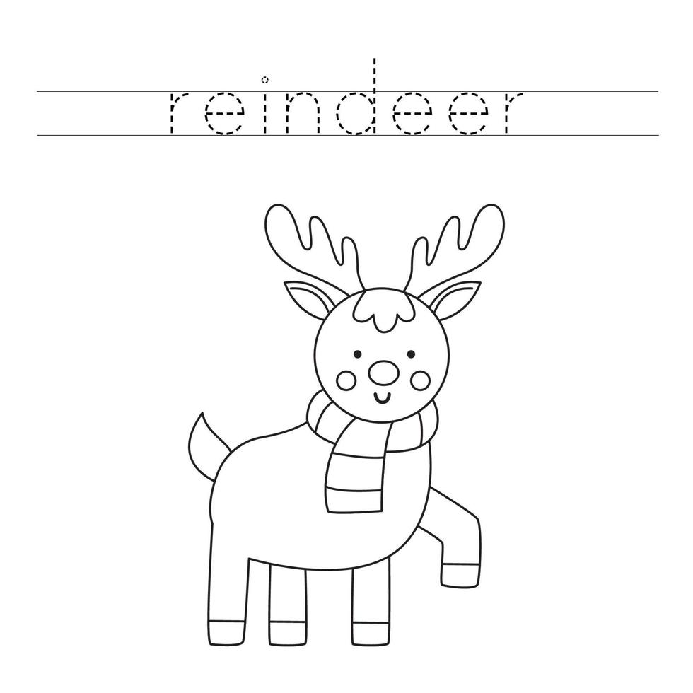 Trace the letters and color cartoon reindeer. Handwriting practice for kids. vector