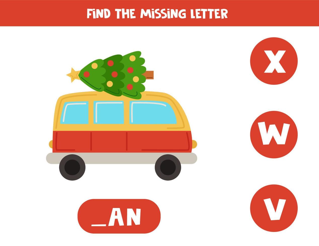 Find missing letter with cartoon Christmas van. Spelling worksheet. vector