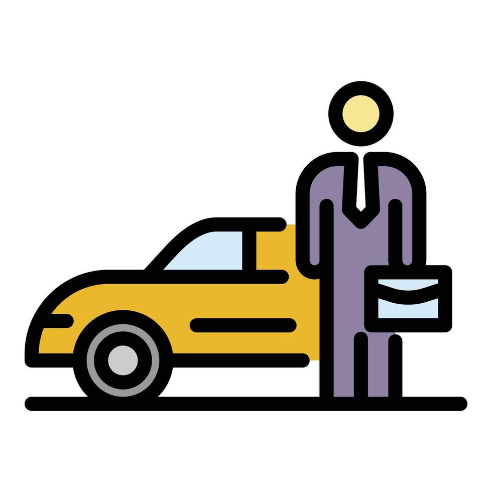 hombre de negocios, cerca, coche, icono, color, contorno, vector